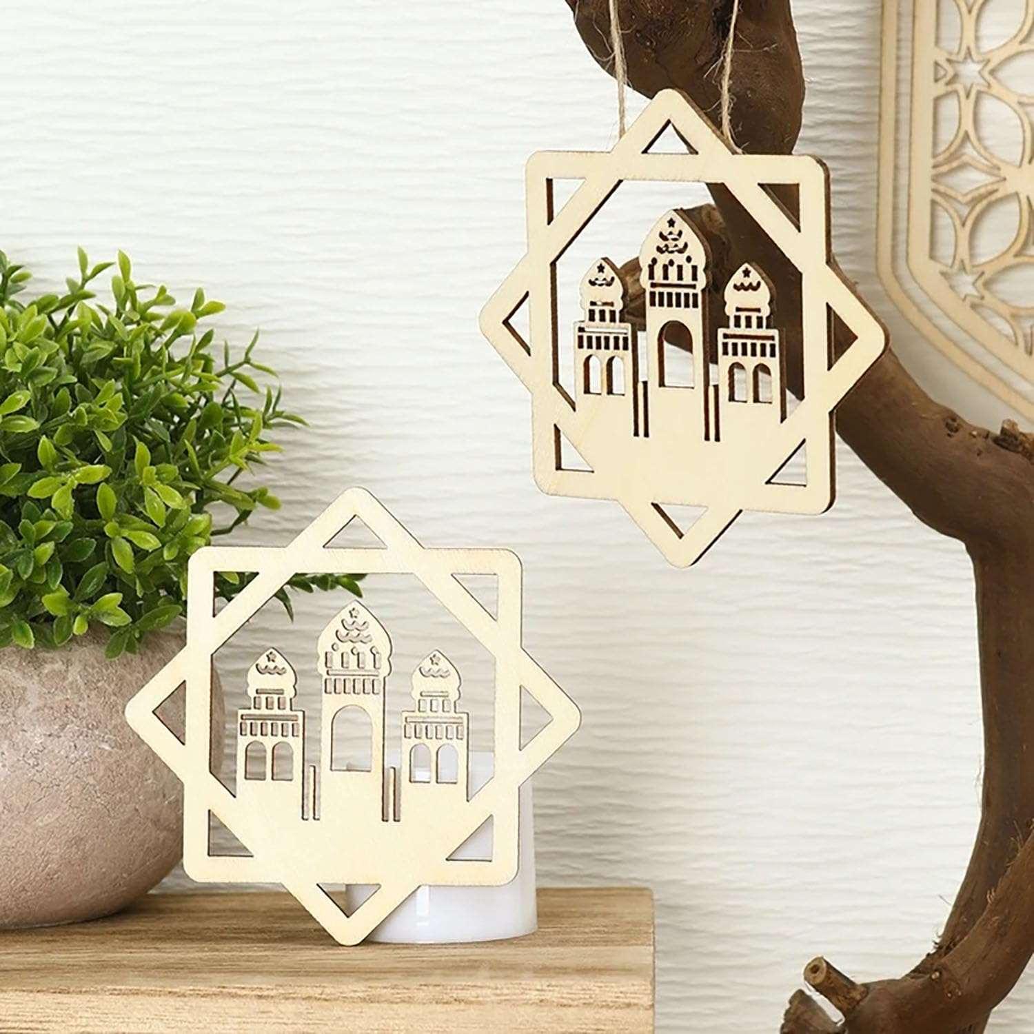Haoser Set of 10 Eid Special Wooden Pendants, Islamic Festival Decorations, Crescent Moon and Star Design, Handcrafted Eid Mubarak Gifts, Wooden Eid Ornaments, Ramadan and Eid Home Decor (DGN-5) - Haoser