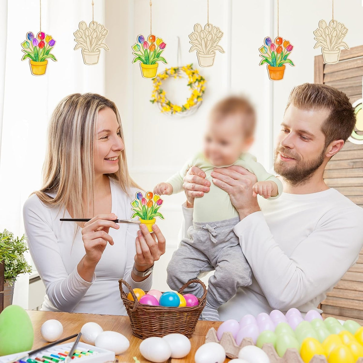 24 PCS Wooden Easter Ornaments for DIY Craft | 3.5 Inch Spring Cutouts
