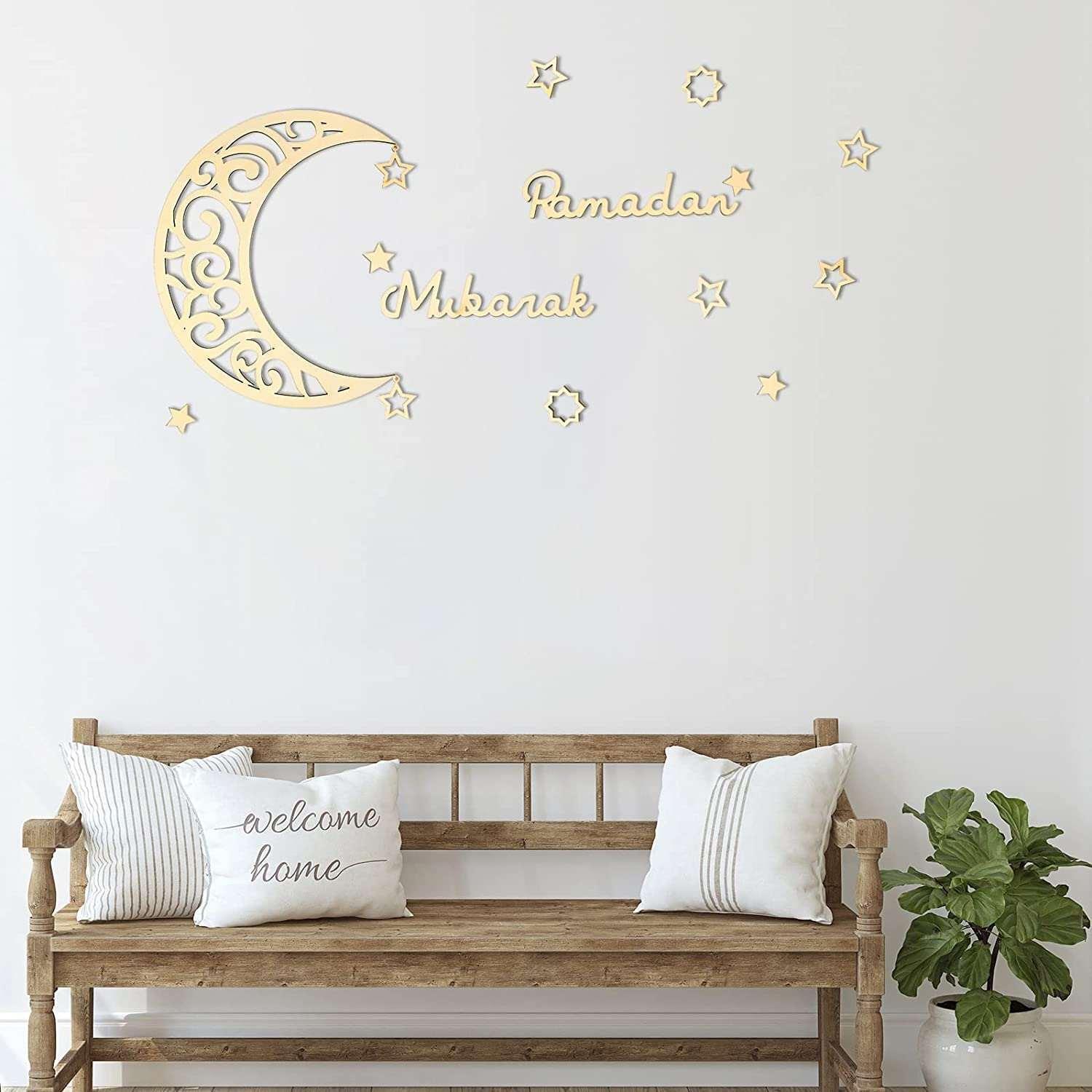 Haoser 15 Pieces Ramadan Decoration Eid Wall Decor Wooden Moon Star Ornament Ramadan Mubarak Sign,Ramadan Decorations for Home - Ramadan Decor - Haoser