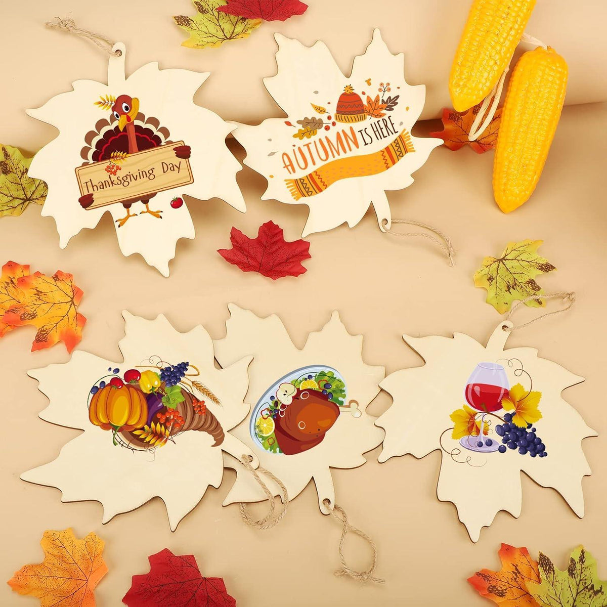 Curious Button 5 Pieces Unfinished Wooden Leaf Style Hanging Ornament for DIY Home Decoration, MDF Cutouts, Perfect Wooden Cutouts for Home Decor, Charming Wooden Hanging Ornaments (6.5x6.5IN) - Haoser
