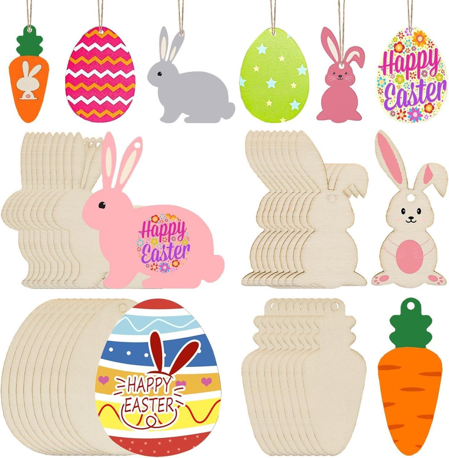 Haoser 20 Pieces Easter Wooden Ornaments Unfinished Wood Easter Egg Bunny Carrot Cutouts Blank Wooden Carrot Egg Rabbit Hanging Ornaments Carrot Shaped Wood DIY Crafts for Easter DIY Projects - Haoser