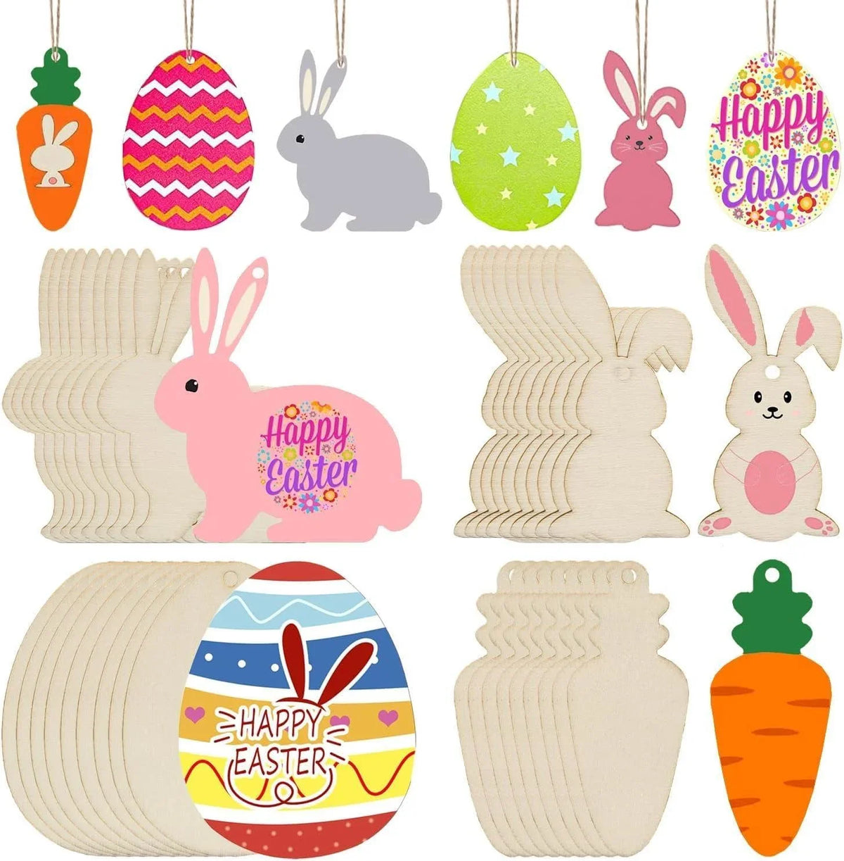 Haoser 20 Pieces Easter Wooden Ornaments Unfinished Wood Easter Egg Bunny Carrot Cutouts Blank Wooden Carrot Egg Rabbit Hanging Ornaments Carrot Shaped Wood DIY Crafts for Easter DIY Projects - Haoser