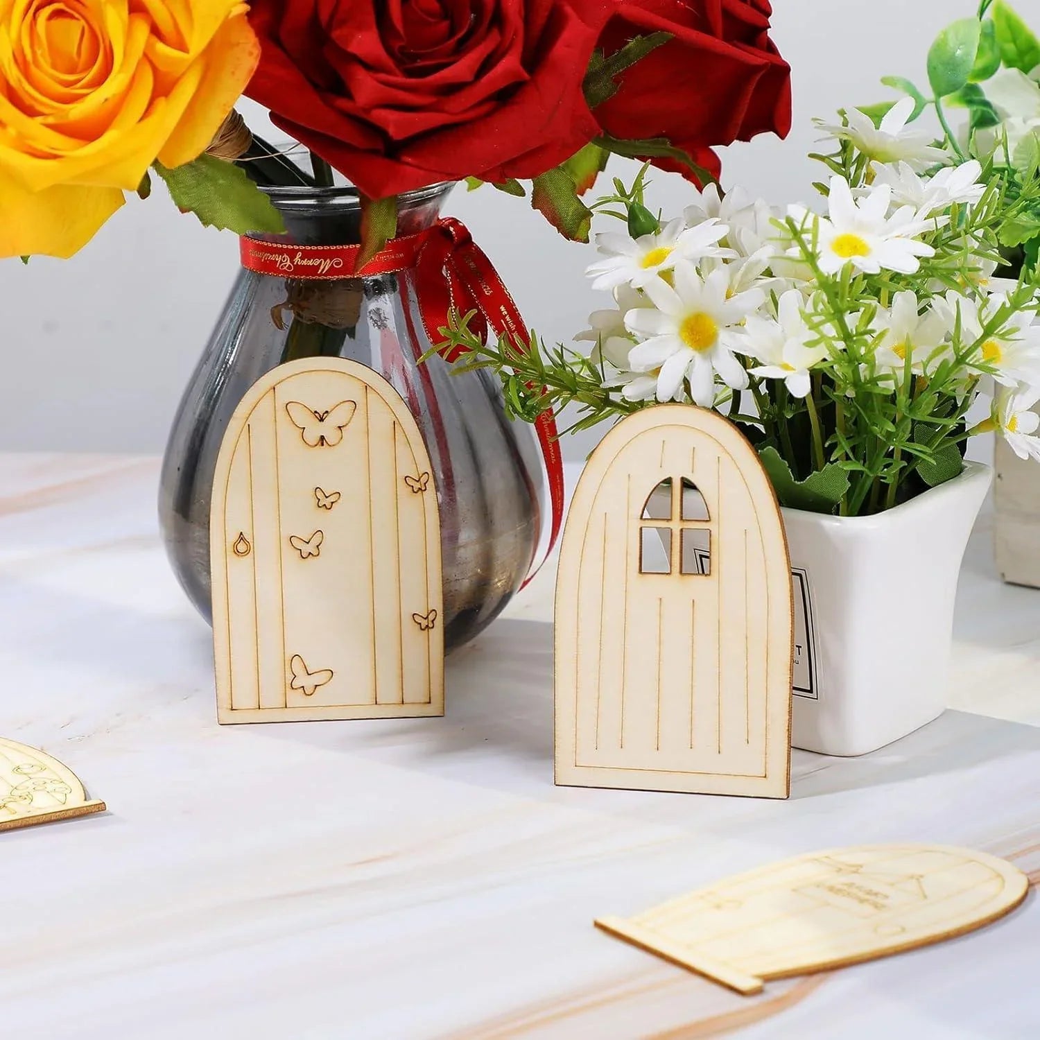 Haoser 48 Pcs Fairy Door Wooden Garden Doors Craft Mini Window Fairy House DIY Kit Unfinished Miniature Door Unpainted Fairy Window Accessories for Wall Home Party Decoration (Delicate Style) - Haoser