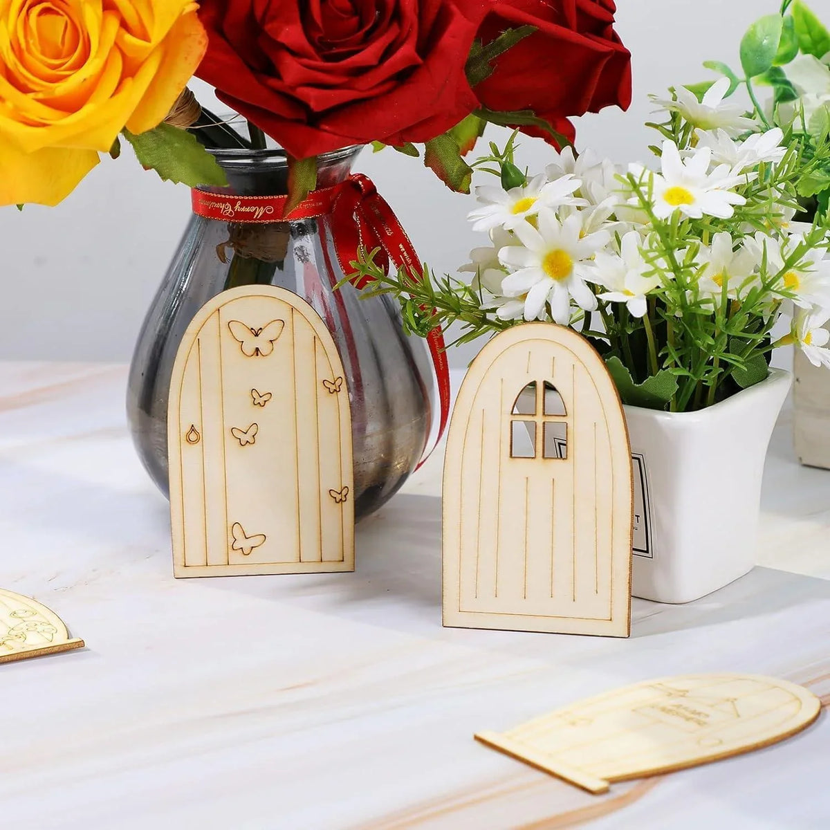 Haoser 48 Pcs Fairy Door Wooden Garden Doors Craft Mini Window Fairy House DIY Kit Unfinished Miniature Door Unpainted Fairy Window Accessories for Wall Home Party Decoration (Delicate Style) - Haoser
