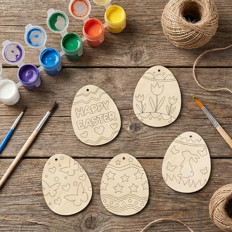 10 Pcs Easter Wooden Egg Ornaments Set | Blank Egg Shaped Wooden Cutouts with Rope for DIY Painting