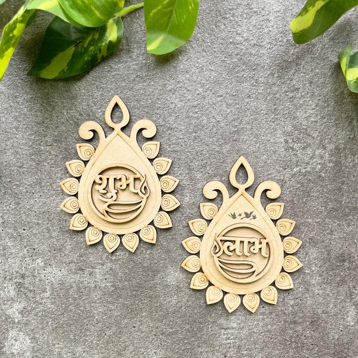 6 Pairs Wooden MDF Shubh Labh 3.5x3.5 Inch – Divine Mandala Design