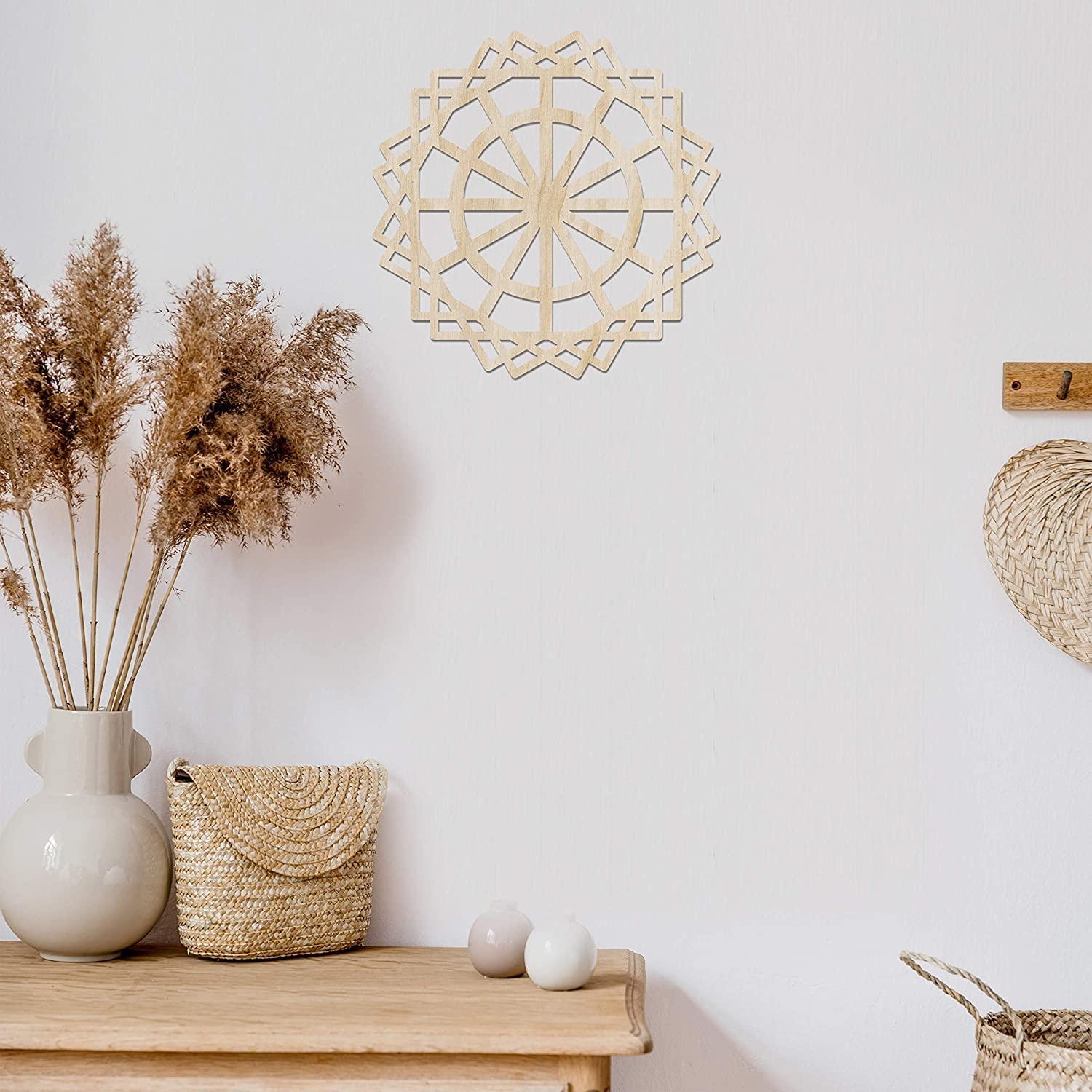 Haoser Mandala Wooden Wall Art, Traditional Star Ornament Polygonal Details, Birch Wood Plywood Rustic Wall Art Accent for Hallway Bedroom Living Room Cafes and Offices (Mandala Design-12_30CM) - Haoser