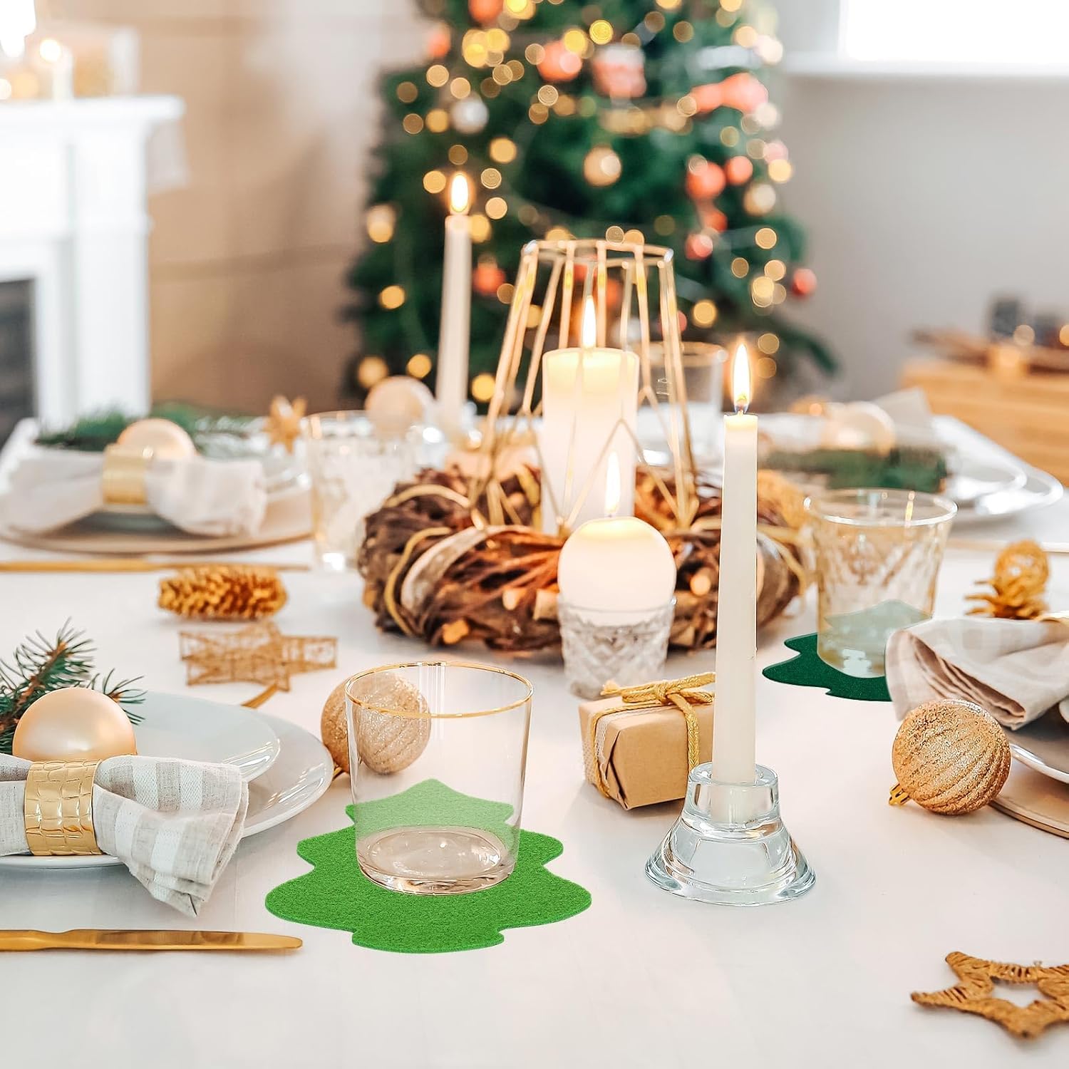 16 Pcs Christmas Tree Felt Coasters – Green Holiday Drink Mats for Tea Coffee Cups, 4 Inch
