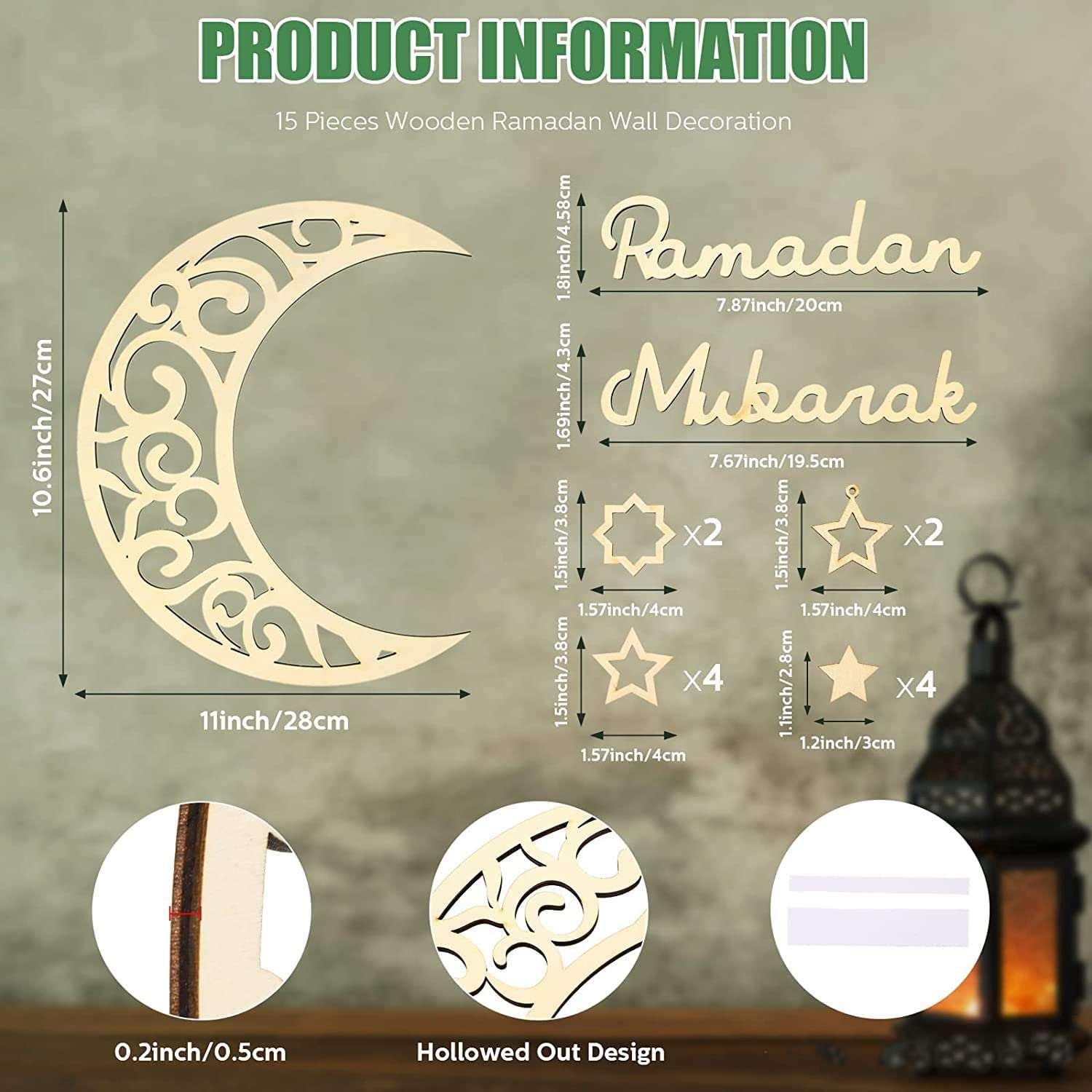 Haoser 15 Pieces Ramadan Decoration Eid Wall Decor Wooden Moon Star Ornament Ramadan Mubarak Sign,Ramadan Decorations for Home - Ramadan Decor - Haoser