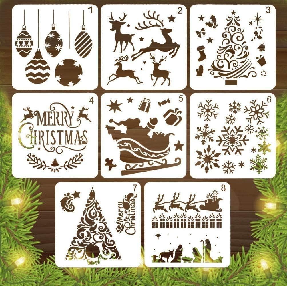 8 Pcs Christmas Plastic Stencils Template | Reusable Craft Stencils for Painting on Wood, Walls, Door & Window Spraying