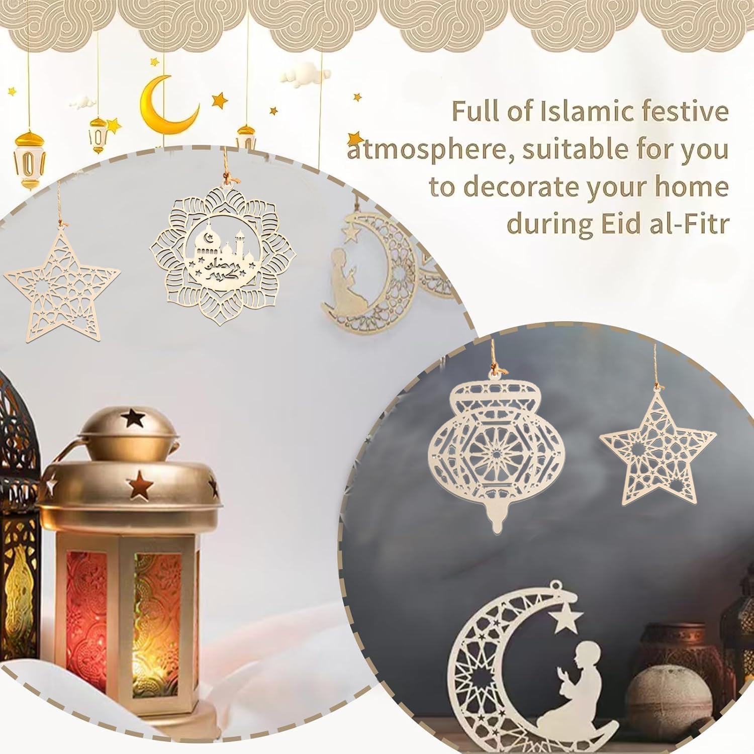 Eid Mubarak Decorations – Wooden Hanging Ornaments for Ramadan | Islamic Hanging Decor for Home