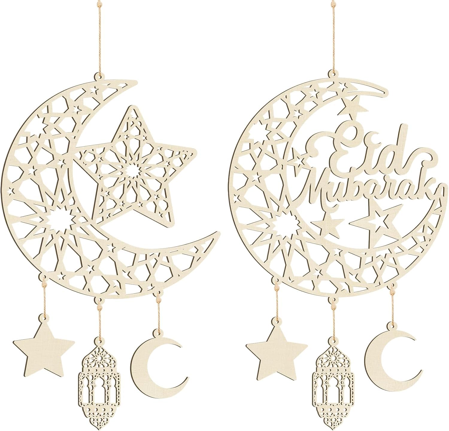 Curious Button Set of 2 Pieces Eid Mubarak Door Sign Wooden Hanging Signs, Ramadan Kareem Hollow Ornament Decorations Moon and Stars, Moon Shape Ramadan Mubarak Party.