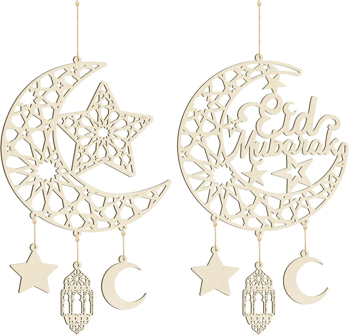Curious Button Set of 2 Pieces Eid Mubarak Door Sign Wooden Hanging Signs, Ramadan Kareem Hollow Ornament Decorations Moon and Stars, Moon Shape Ramadan Mubarak Party.