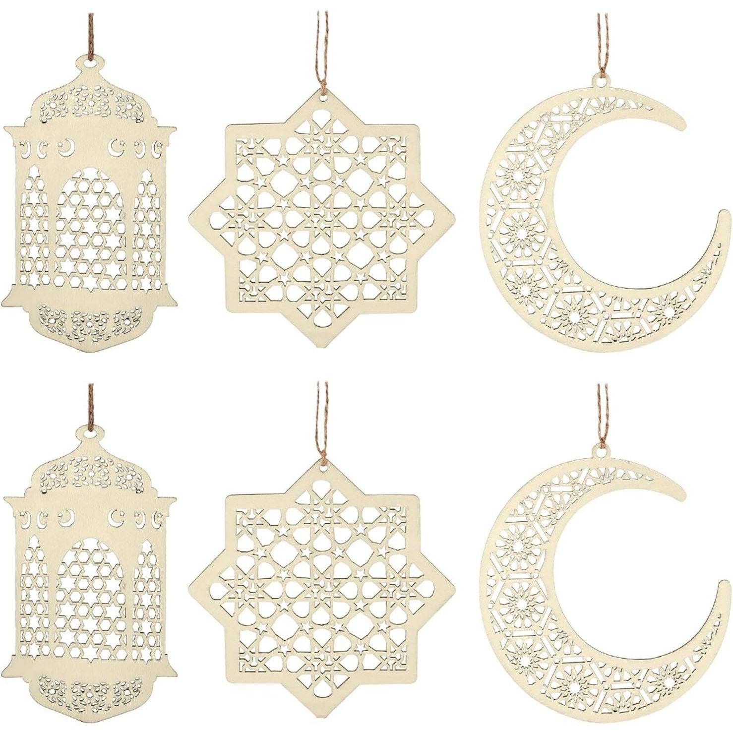 Haoser 6 Pieces Wooden Pendant Ornament Ramadan Kareem Decoration Moon Star Wind Light Shape Pendant Ornament for Ramadan Mubarak Eid Decorations (Wood Color) - Haoser