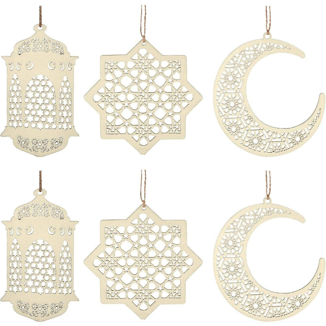 Haoser 6 Pieces Wooden Pendant Ornament Ramadan Kareem Decoration Moon Star Wind Light Shape Pendant Ornament for Ramadan Mubarak Eid Decorations (Wood Color) - Haoser