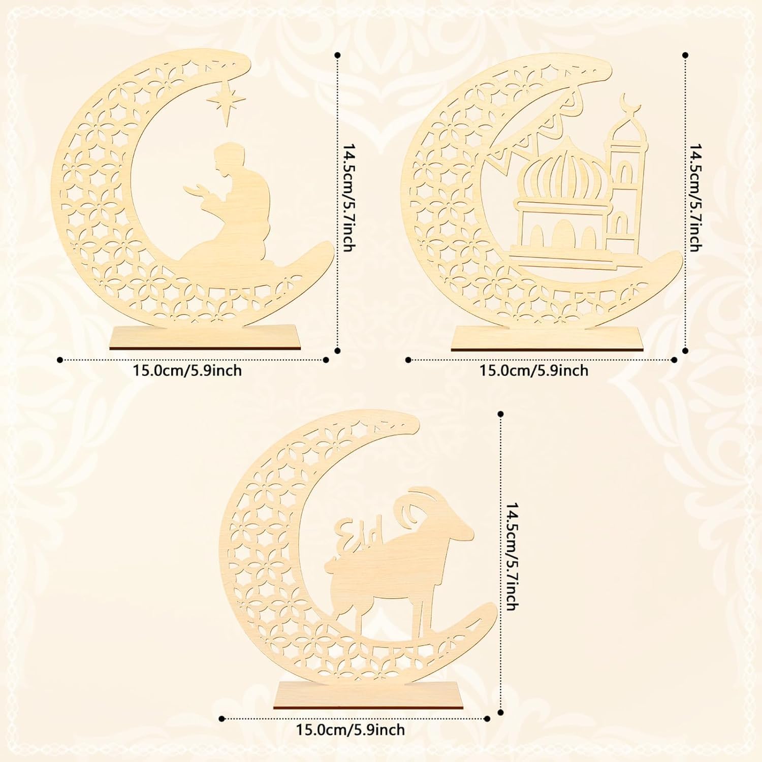 Eid Mubarak Wooden Ornaments – Ramadan Kareem 3D Hollow Moon & Star MDF Decor