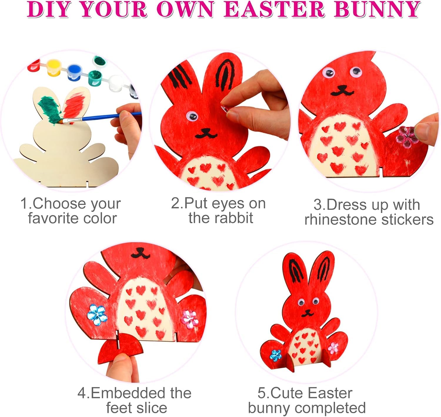10 PCS Easter Crafts for Kids – Wooden Bunny Cutouts Painting Kit (6.6 x 5.2 Inch) | DIY Easter Bunny Art & Craft Set