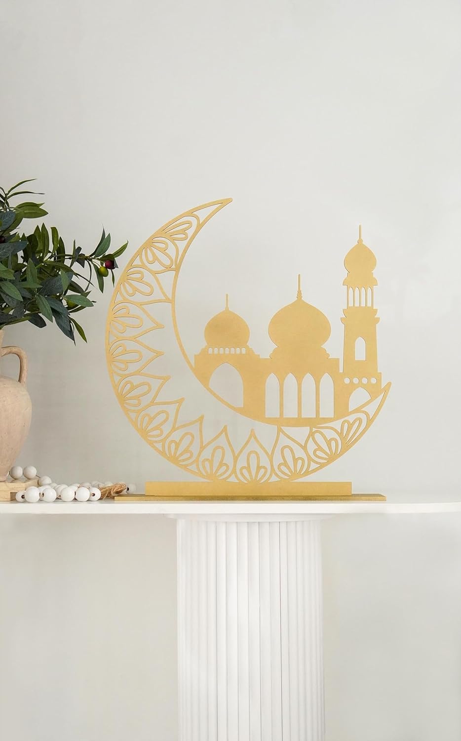 Ramadan Mubarak Wooden Crescent Moon Mosque Decor | Freestanding Islamic Home Decoration