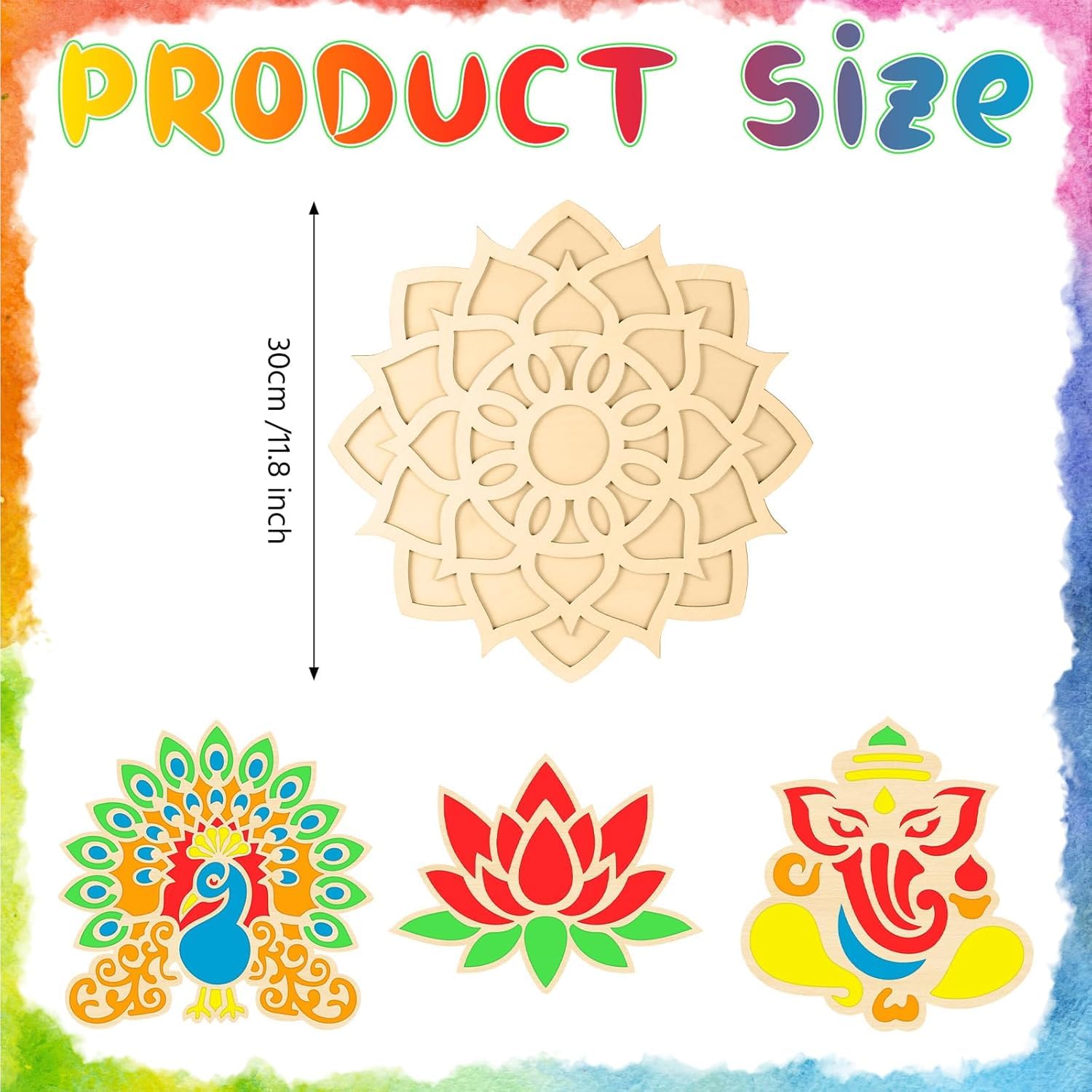 4 Pcs Wooden DIY Rangoli Stencils 11.8 Inch – Mandala, Lotus, Elephant, Peacock Templates for Diwali Decoration