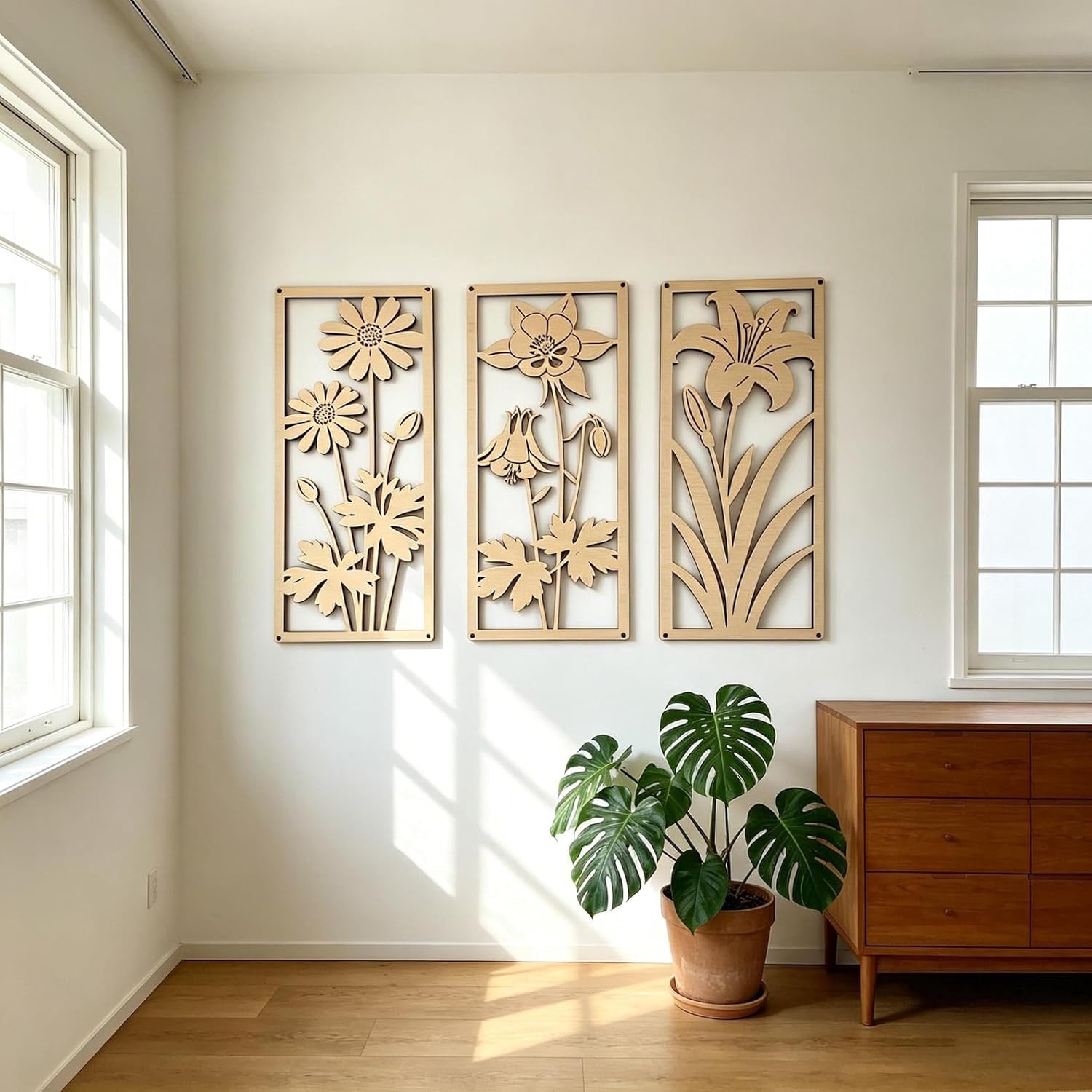 Set of 3 Wooden Floral Wall Art Panels | Minimalist Boho Flower Wall Decor
