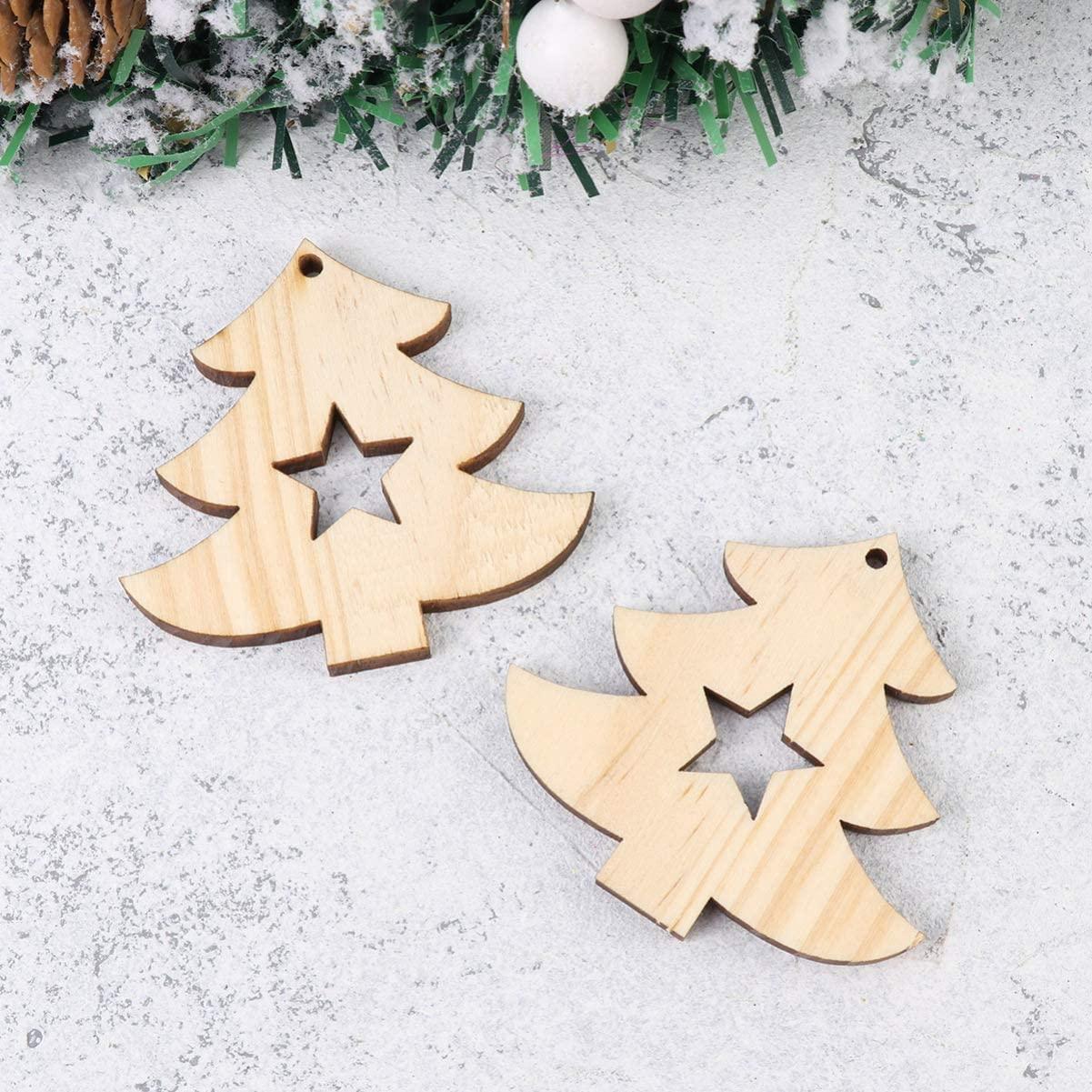 Haoser 10pcs Hanging Wooden Christmas Tree Decor Ornaments Christmas Wood Tags Unfinished Wood Tree and Star Cutouts Shapes Wooden Slices for DIY Craft Painting - Haoser
