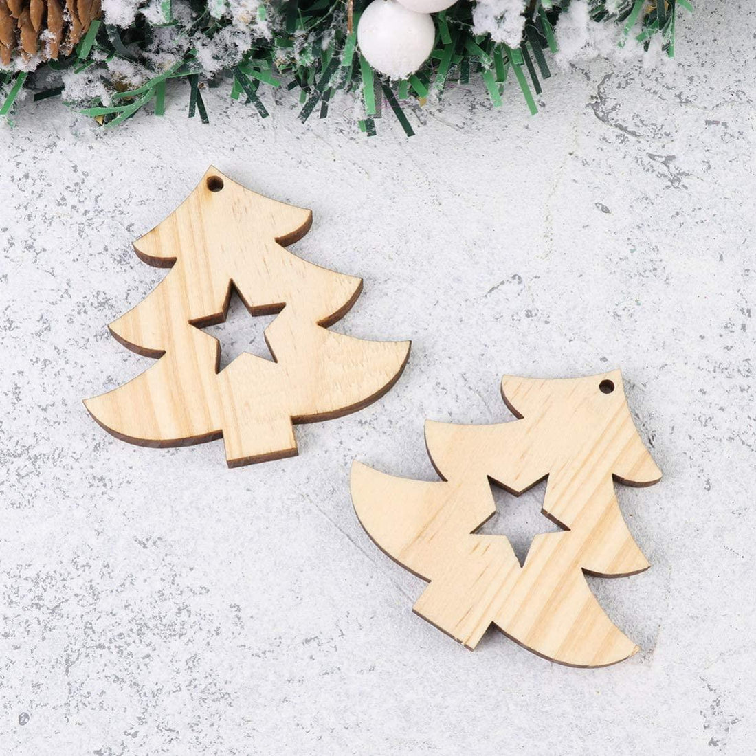 Haoser 10pcs Hanging Wooden Christmas Tree Decor Ornaments Christmas Wood Tags Unfinished Wood Tree and Star Cutouts Shapes Wooden Slices for DIY Craft Painting - Haoser