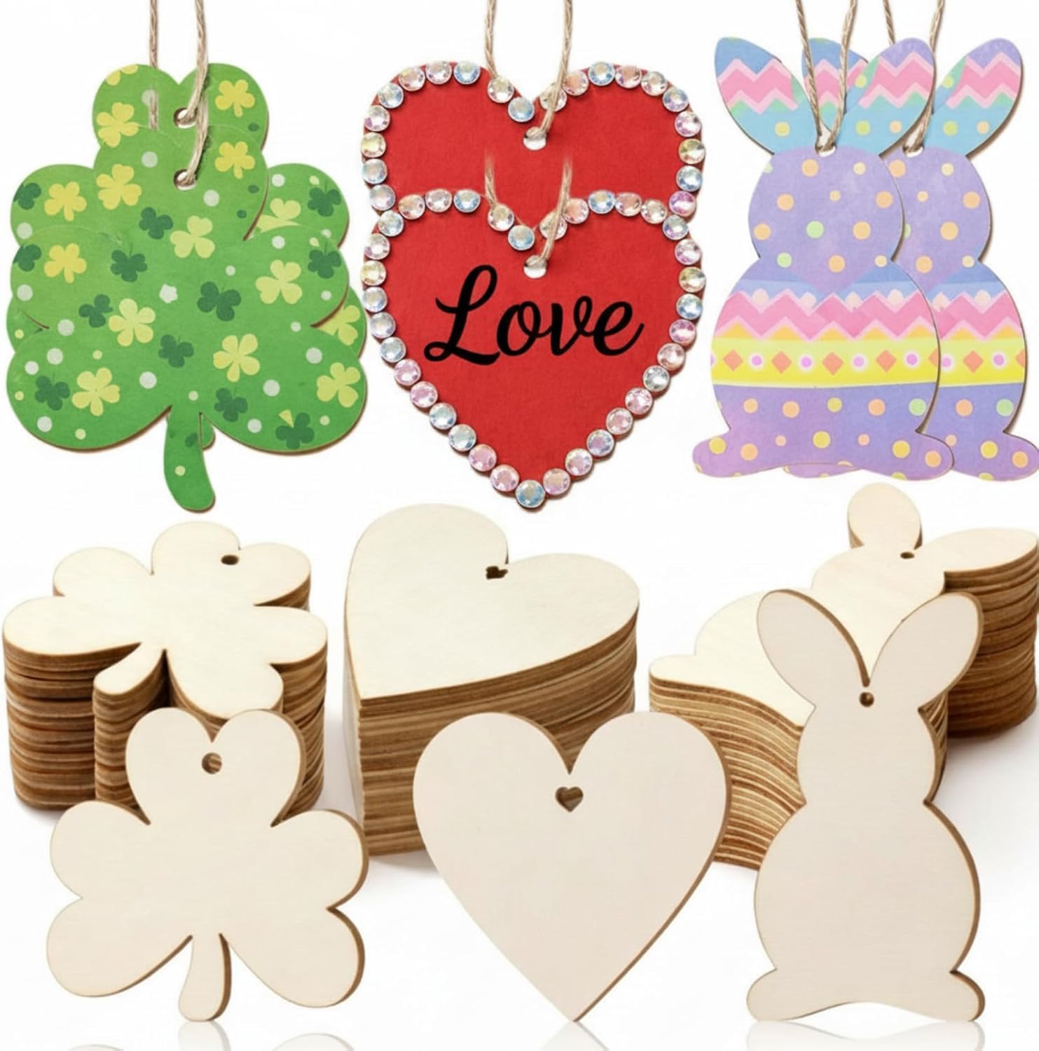 12 Pcs Wooden Holiday Cutouts Set for DIY Painting – Shamrock, Bunny & Heart Ornaments