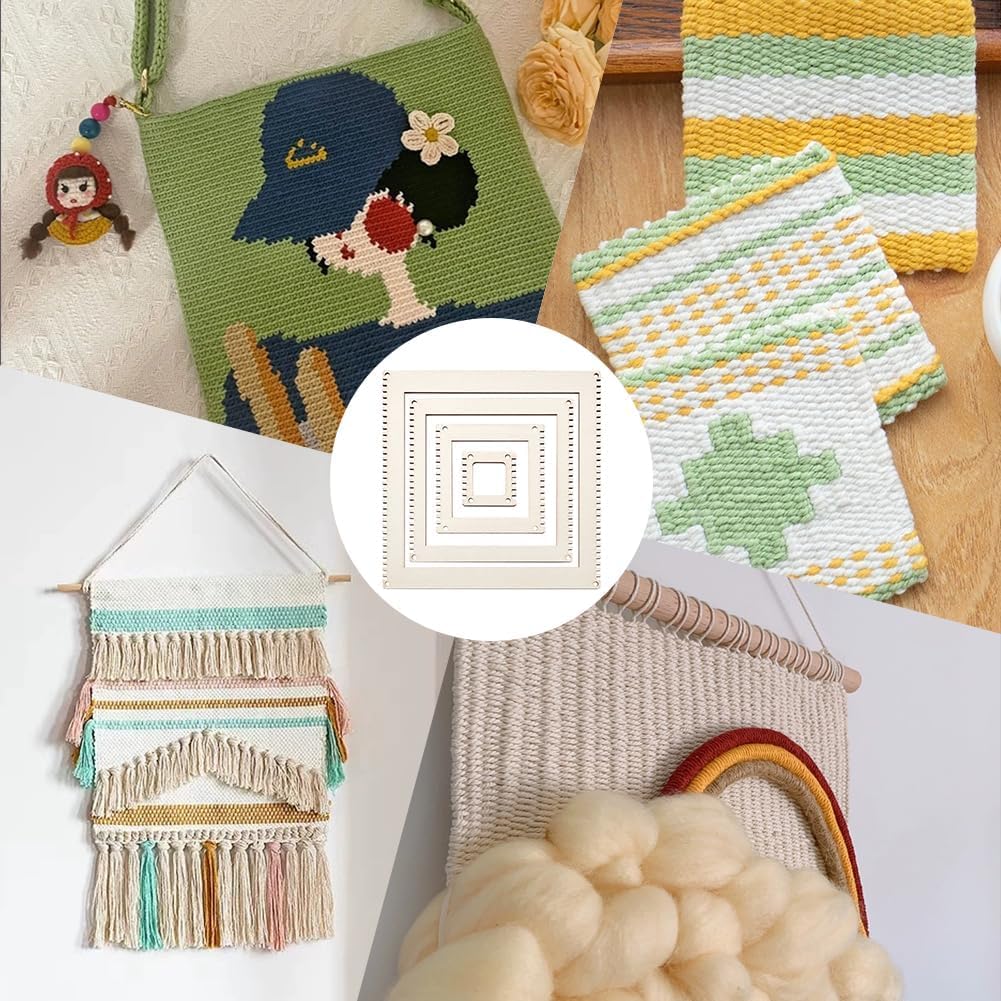 4 Pcs Wooden Weaving Loom Kit | 2/4/5.9/7.8 Inch Square DIY Weaving Loom for Tapestry, Wall Hanging, Knitting & Handmade Woven Crafts