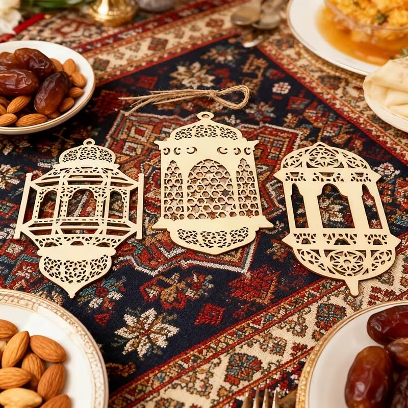 Ramadan Eid Al-Fitr Wooden Lantern Decor | Islamic Geometric Cut-Out Lanterns | Ramadan Mubarak & Eid Mubarak