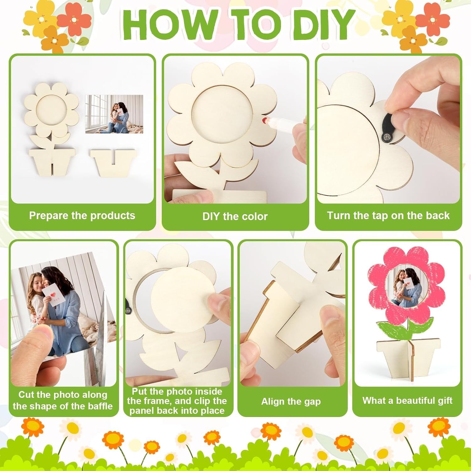 8 Pcs Wooden Flower Picture Frame Craft Kit | 3D Spring Flower Cutouts