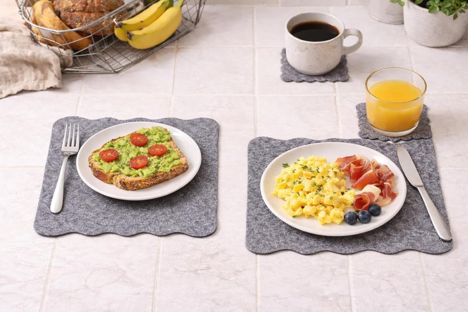 Set of 6 Scalloped Edge Felt Placemats and Coasters | Elegant Table Mats Dining Set
