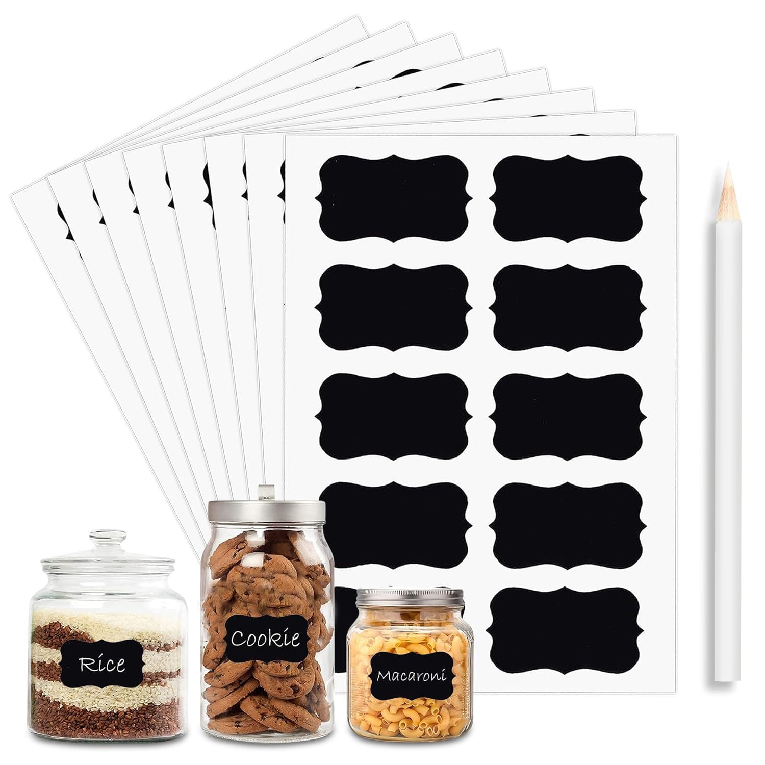 50 Pcs Waterproof Vinyl Black Label Stickers for Mason Jars, Glass & Plastic Bottles | 6x3 Inch Stickers with 1 White Chalk Pencil | Self-Adhesive Spice Pantry Labels