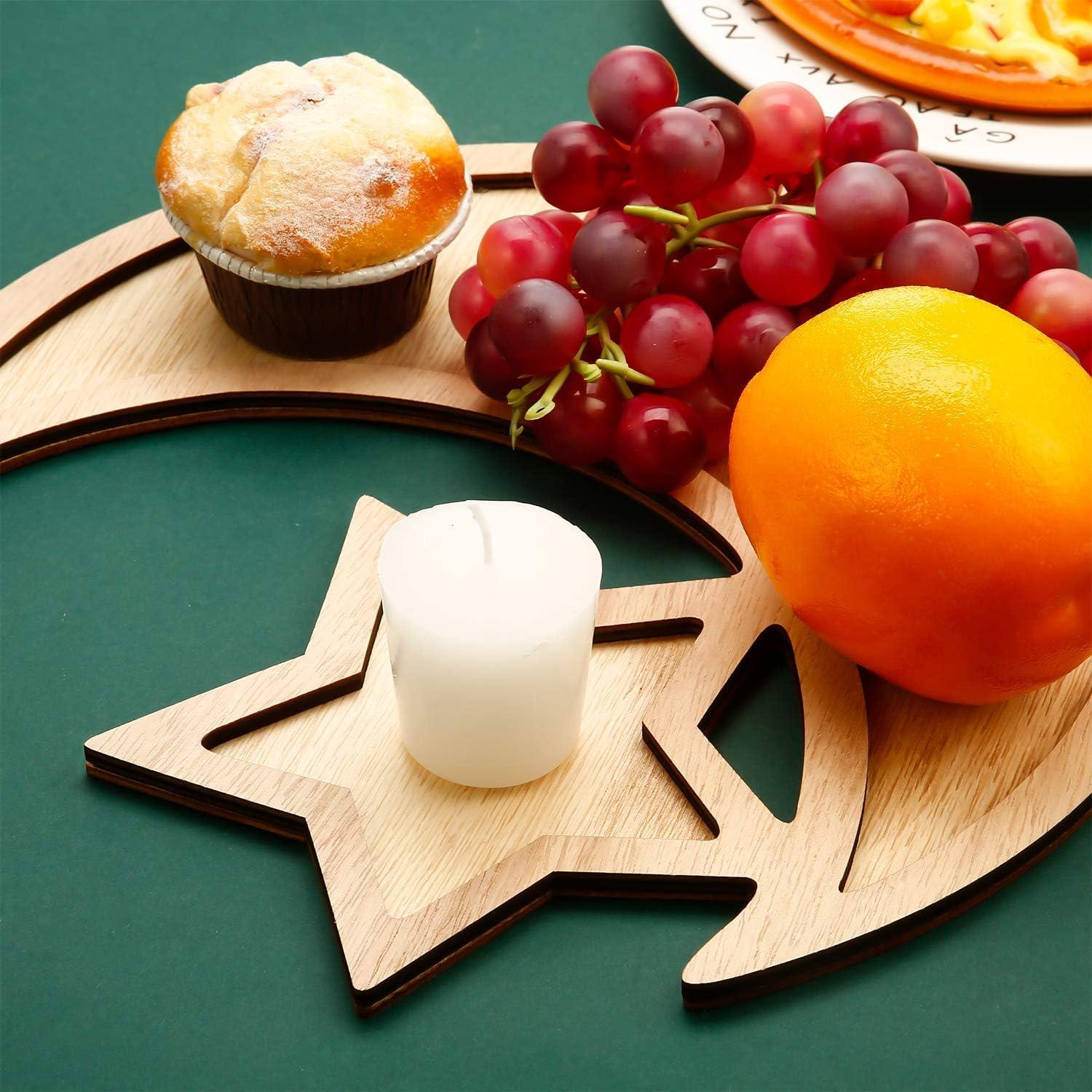 Haoser 2 Sets Ramadan Wood Tray Moon Wooden Star Tableware Eid Mubarak Party Serving Tableware for Breakfast Dinner Dessert Pastry Display Holder Decoration Ornament - Haoser