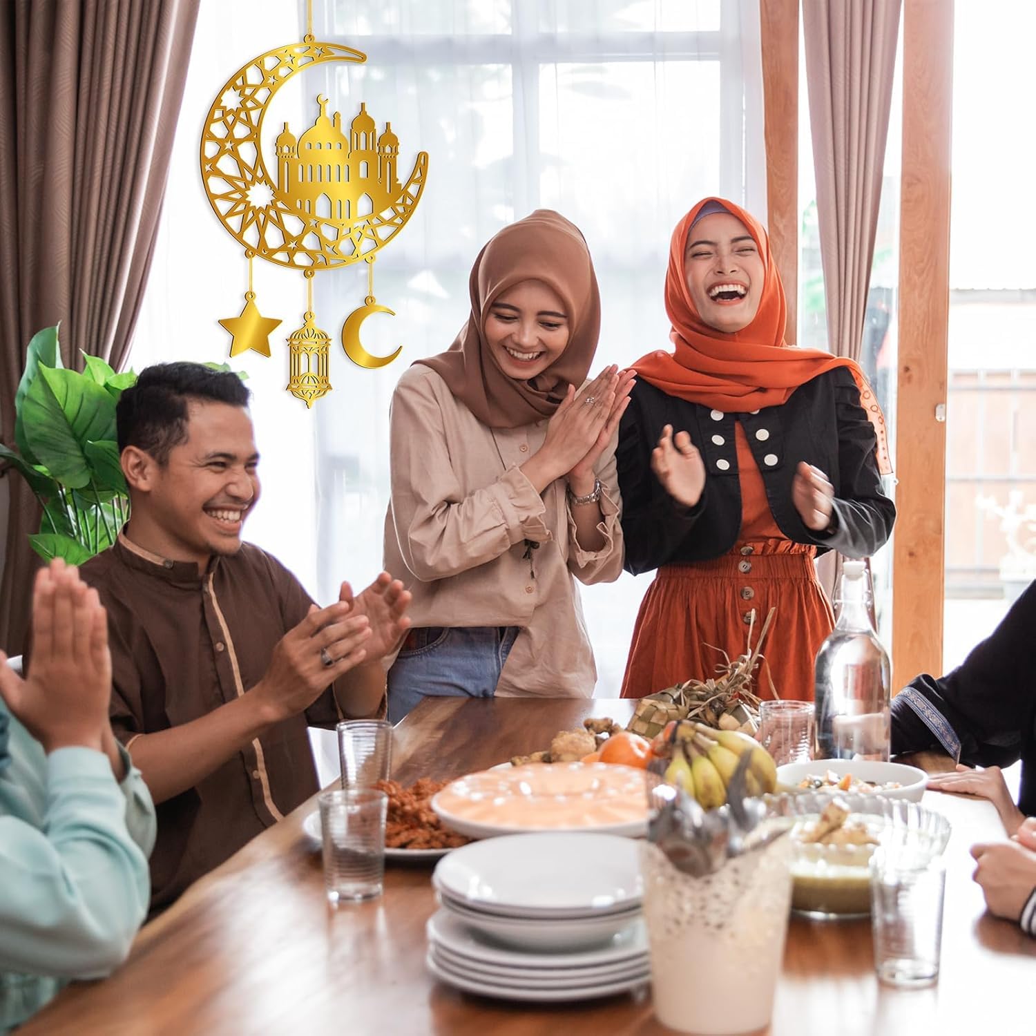 Ramadan Mubarak Acrylic Door Wreath – Hollow Moon & Star Islamic Wall Decor