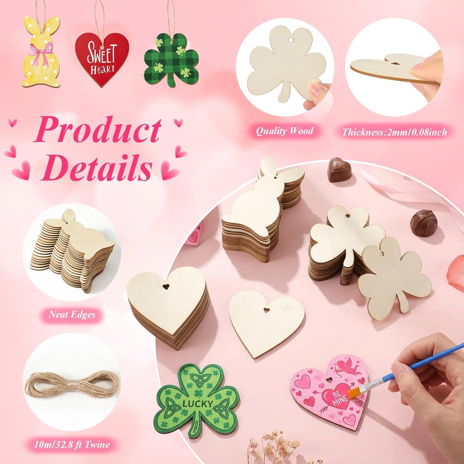 12 Pcs Wooden Holiday Cutouts Set for DIY Painting – Shamrock, Bunny & Heart Ornaments