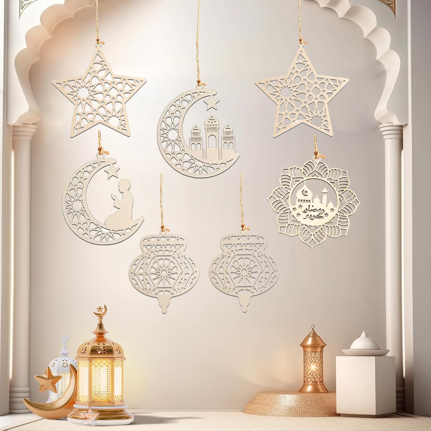 Eid Mubarak Decorations – Wooden Hanging Ornaments for Ramadan | Islamic Hanging Decor for Home