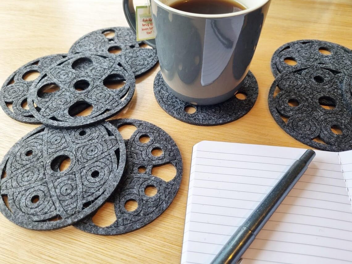 Set of 9 Geometric Felt Coasters – Gray | 4 Inch Round Laser-Cut Drink Coasters | Modern Table Decor & Surface Protection | Washable Felt Coaster Set