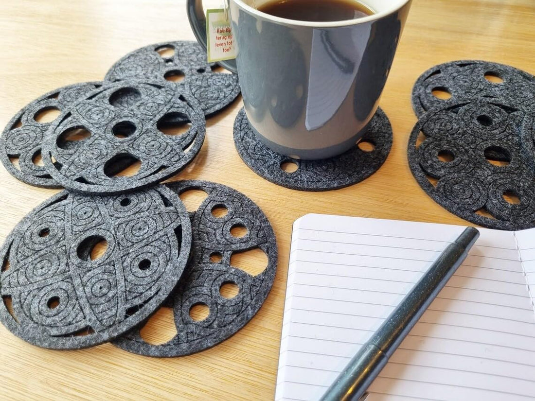 Set of 9 Geometric Felt Coasters – Gray | 4 Inch Round Laser-Cut Drink Coasters | Modern Table Decor & Surface Protection | Washable Felt Coaster Set