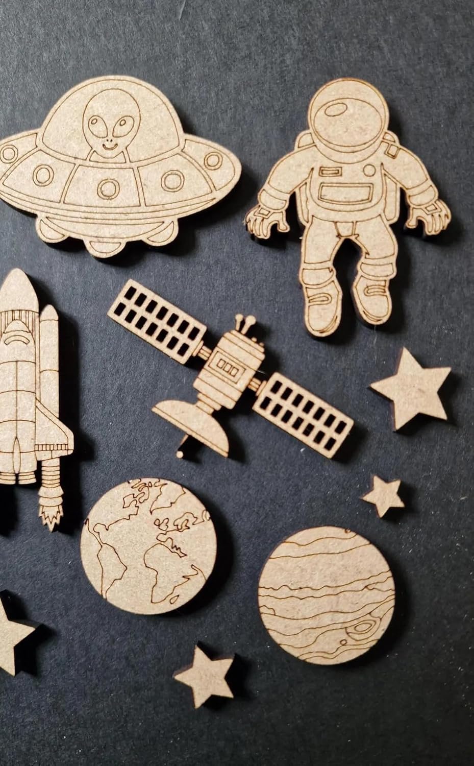 Set of 20 Wooden Space Themed Laser Cut MDF Shapes – Rockets, Planets, UFO, Spaceman, Comet, Satellite, Stars for DIY Crafts