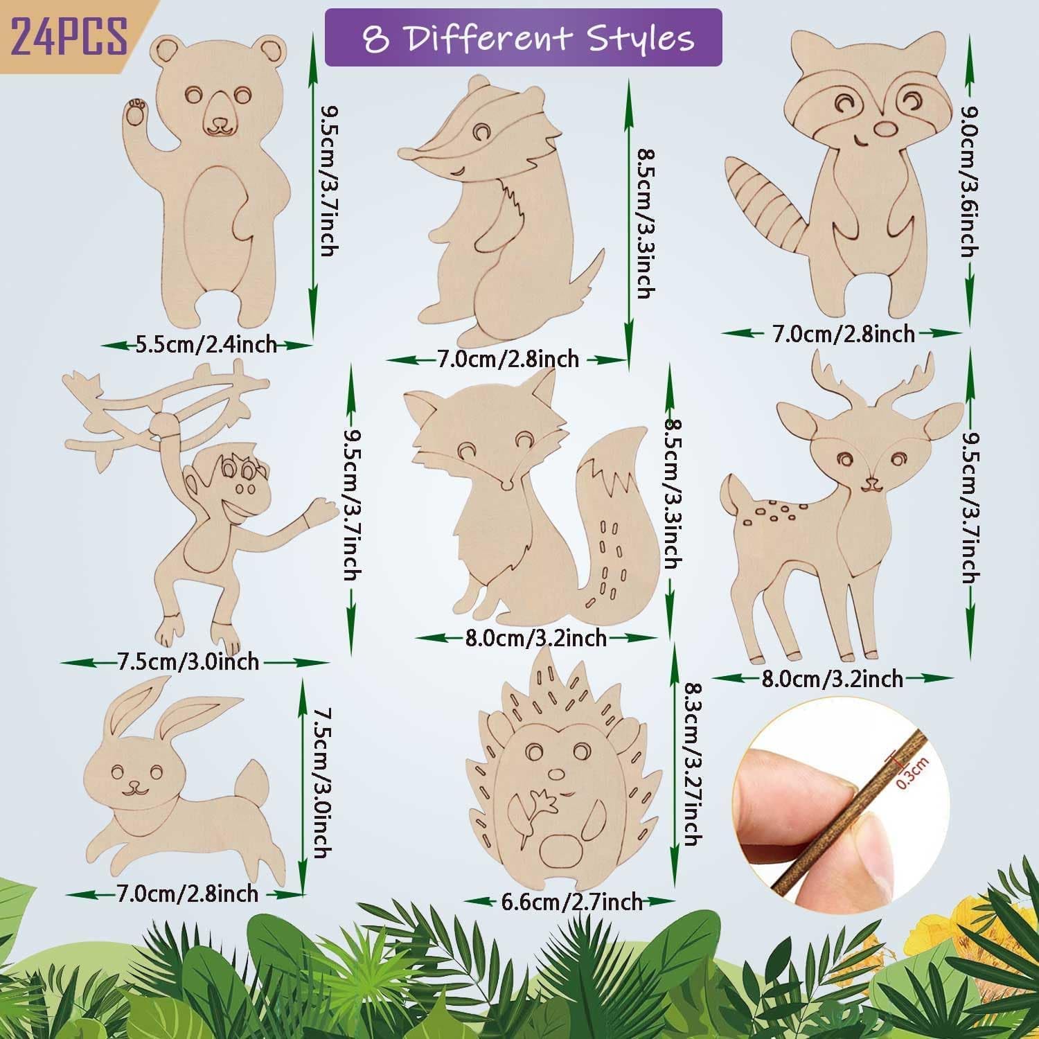 24 Pcs Wooden Jungle Animal Cutouts for DIY Craft | Woodland Animal Shapes