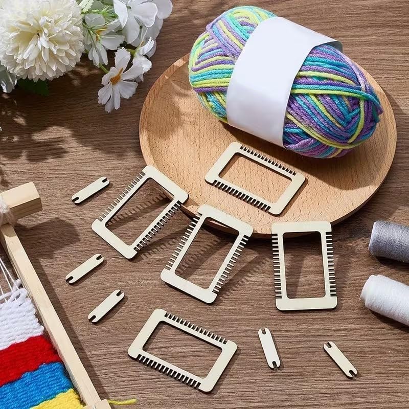 13 Pcs Mini Wood Weaving Loom Kit – Small Wooden Weaving Loom Tool with 6 Looms & 6 Shuttles for DIY Tapestries