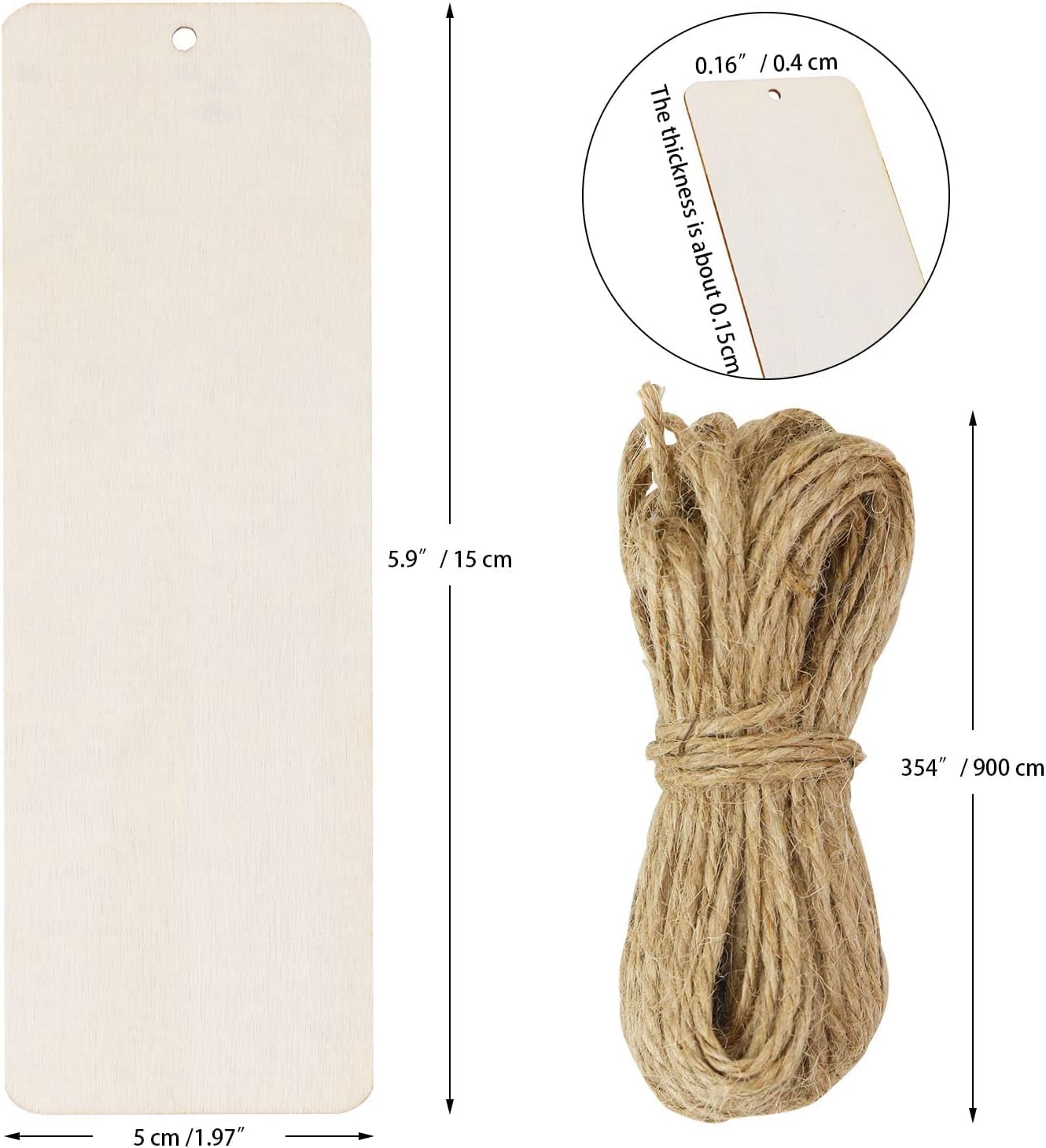 Pack of 25 Large Wooden Gift Tags 6 x 2 Inch | Unfinished Pine MDF Blank Labels with Holes &Rope | DIY Wooden Ornaments | Hanging Wooden Labels | Wedding Gift