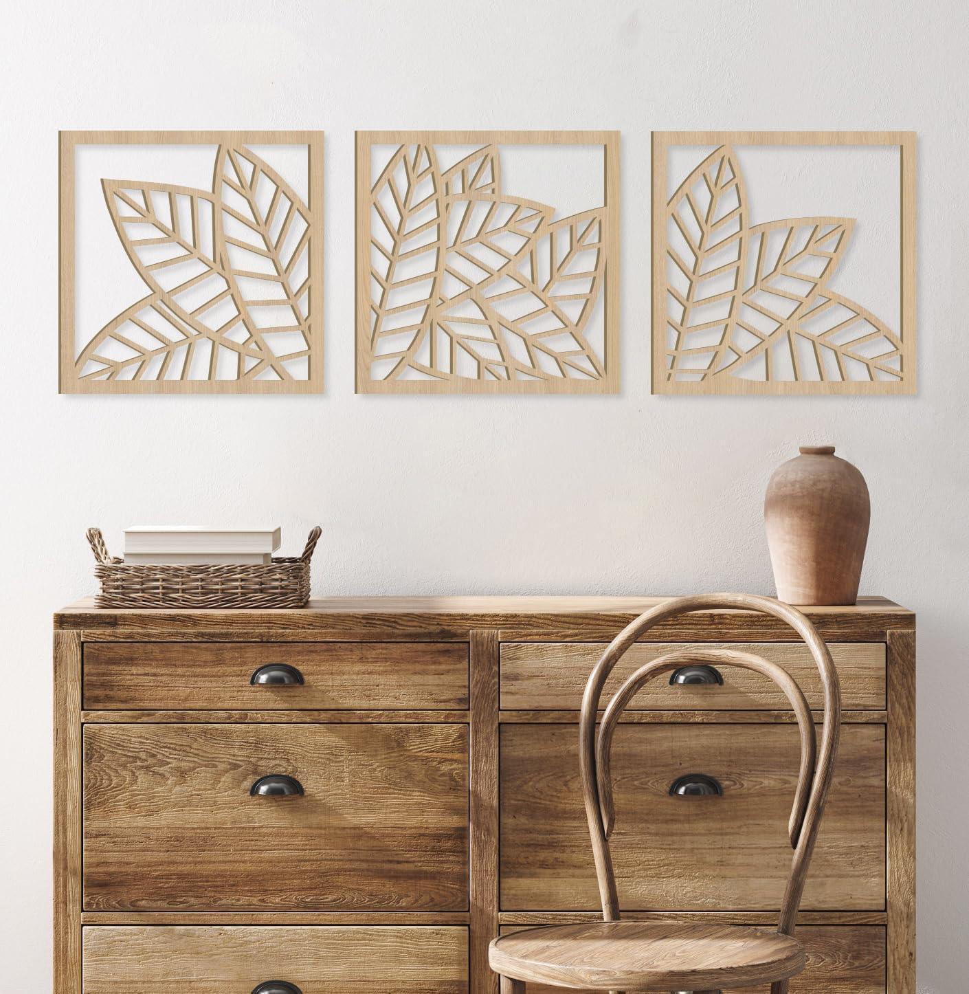 Curious Button Unfinished Wooden Leaf Wooden Art Decor for Living Room Decor, Beautiful Leaf Design Pack of 3 Wooden Wall Panel for Home Decor, Office Decor (29cm) - Haoser