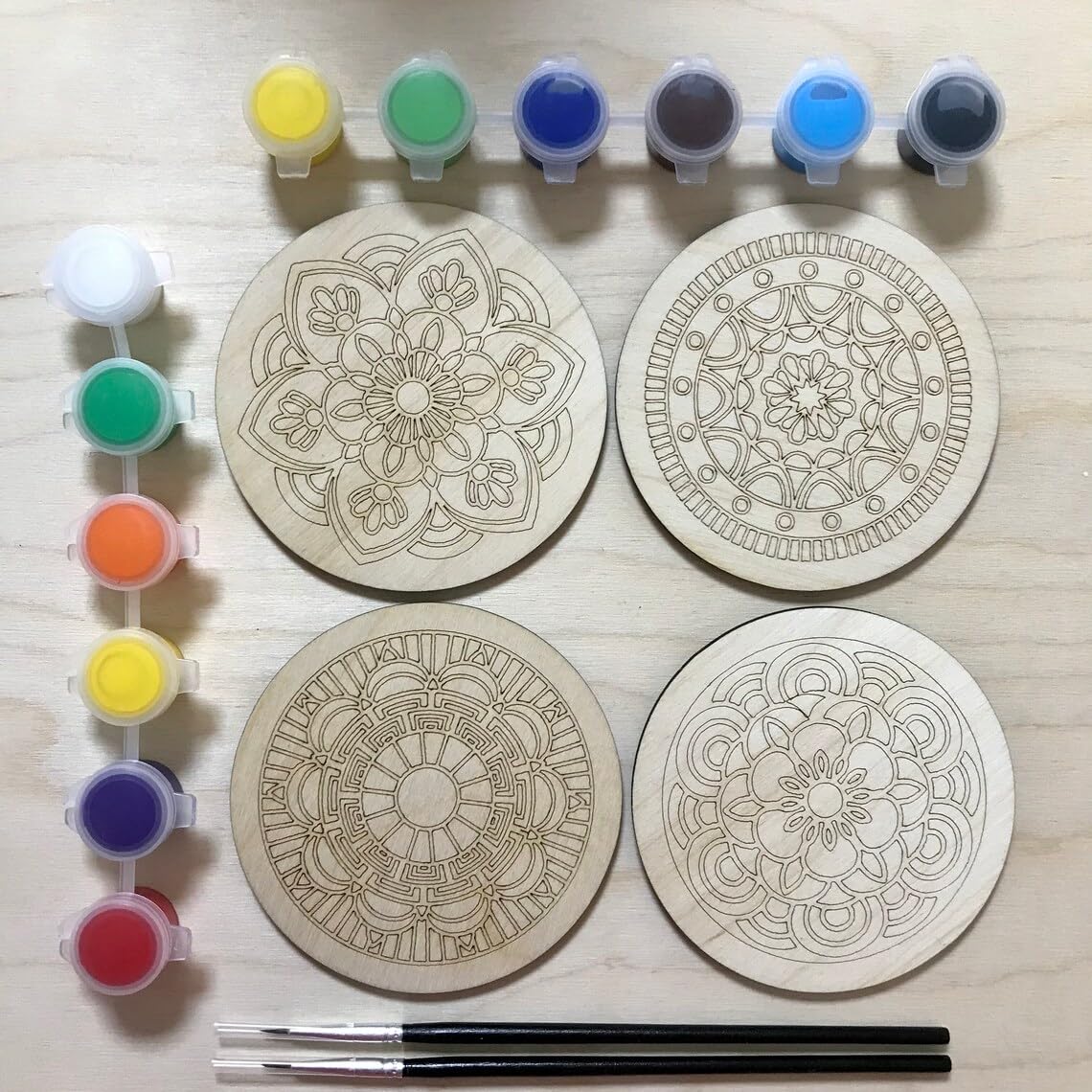 Pack of 4 DIY Mandala Coaster Painting Kit | Wooden MDF Coaster Paint Set with Brushes & Colors | Arts & Crafts DIY Gift (4x4 Inch)