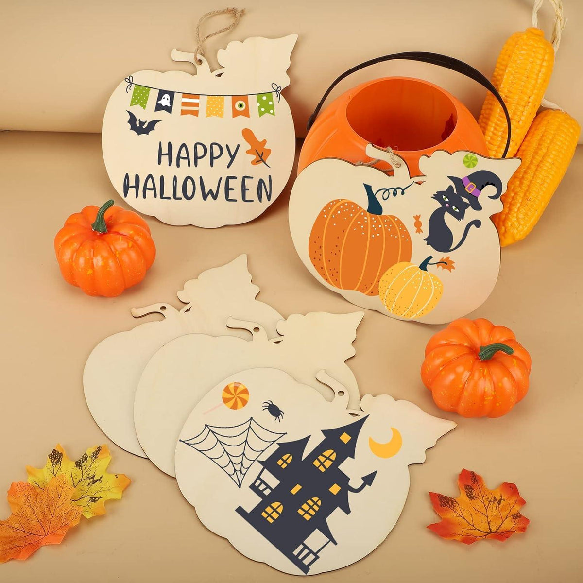 Curious Button 5 Pieces Unfinished Wooden Pumpkin Style Hanging Ornament for DIY Home Decoration, MDF Cutouts, Perfect Wooden Cutouts for Home Decor, Charming Wooden Hanging Ornaments (7x7IN) - Haoser
