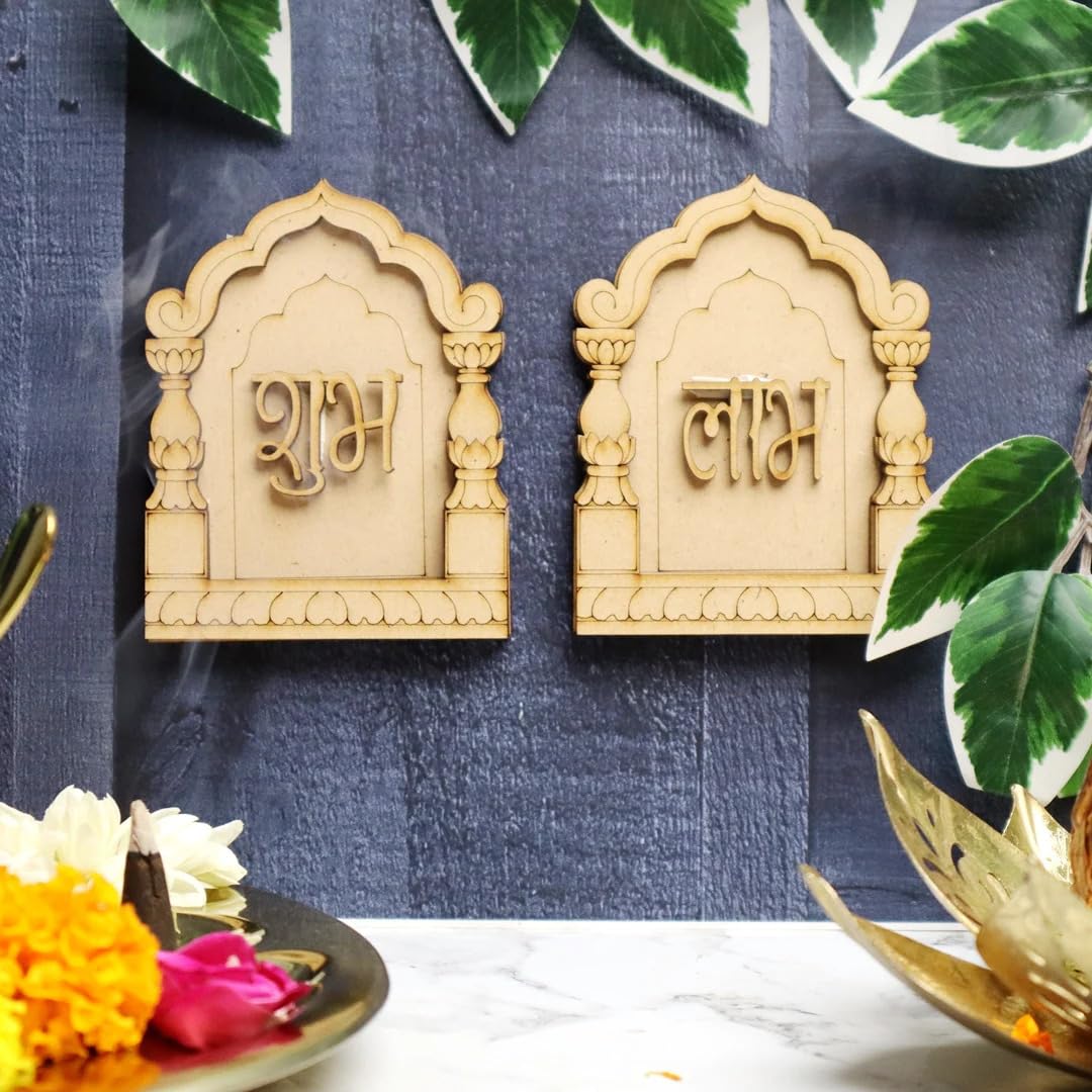Pair of 6 Wooden Shubh Labh for Diwali Decor – 6 Shubh 6 Labh MDF Cutouts Wall Hanging Pooja Festival Decoration, 4x3.15 Inch