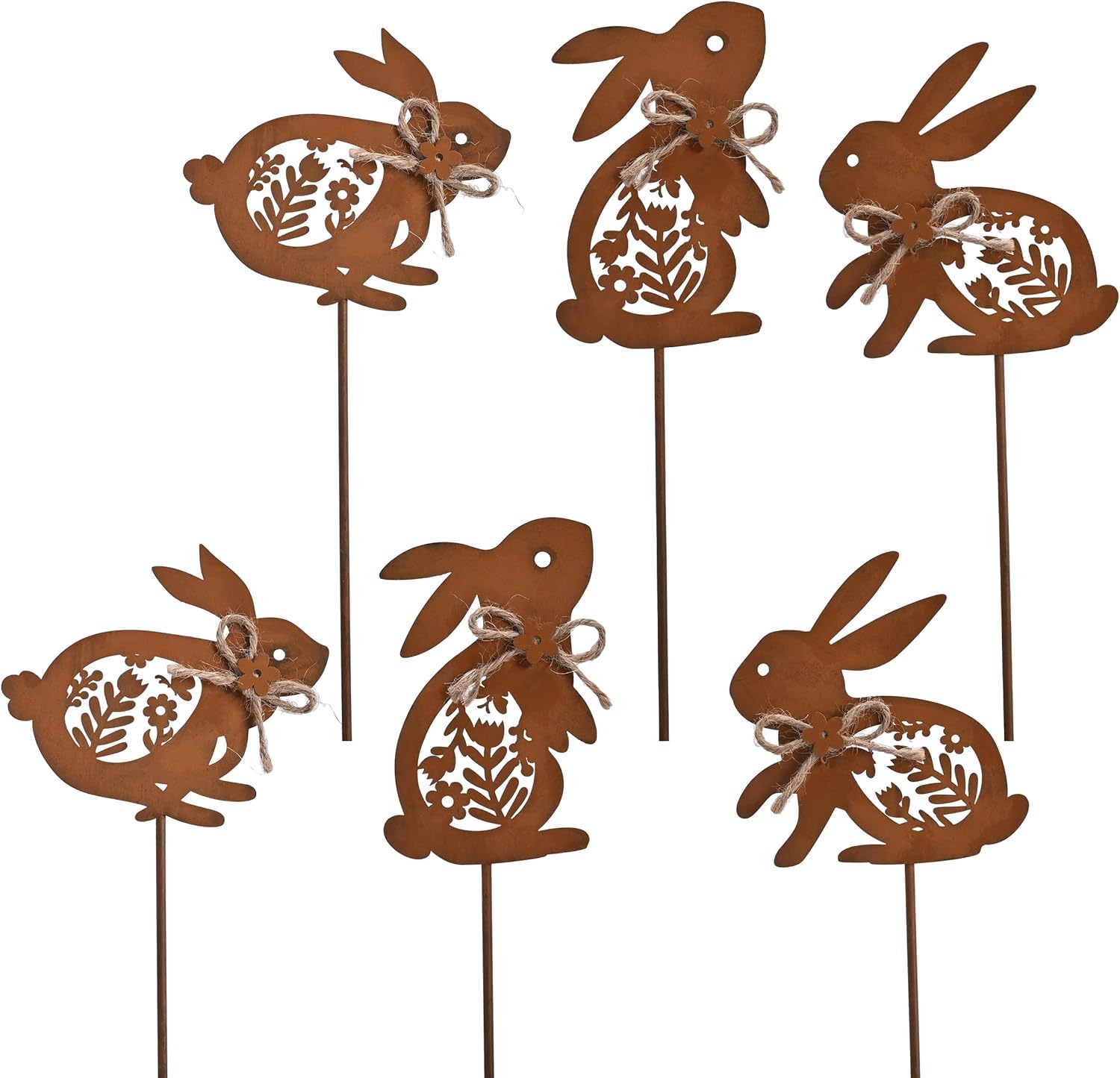 Pack of 6 Easter Bunny Garden Stakes Rust Look Rabbit Garden Decoration