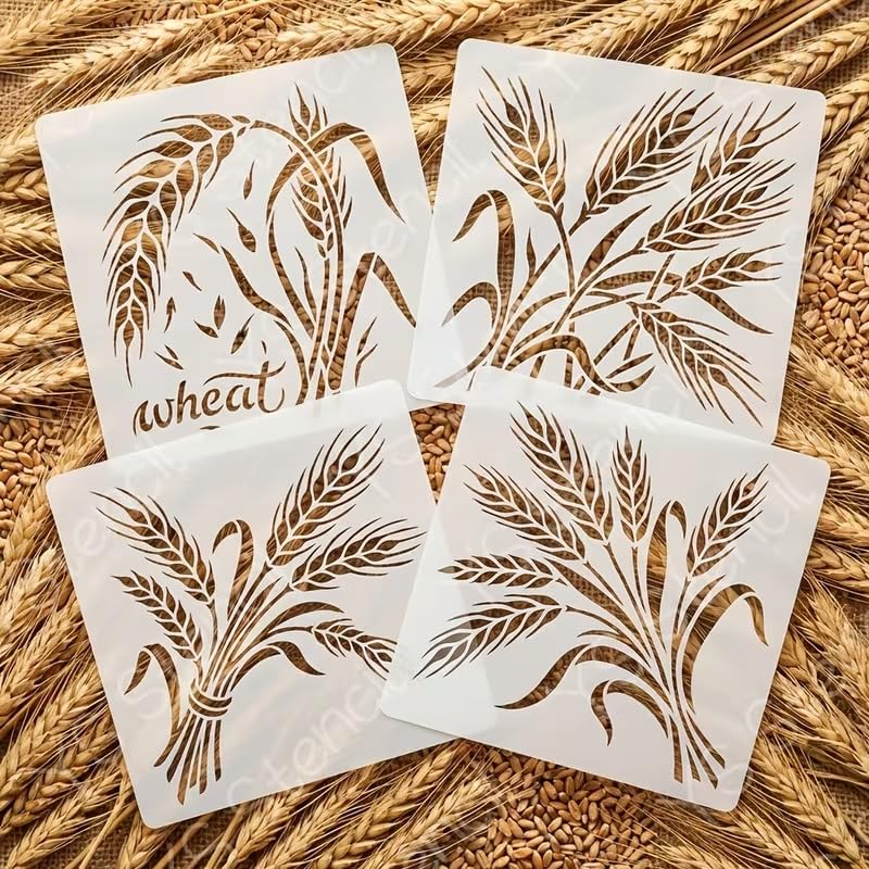 Set of 4 Wheat Ear Painting Stencil | Reusable Craft Stencil | Wheat Plant Template for Wall Painting