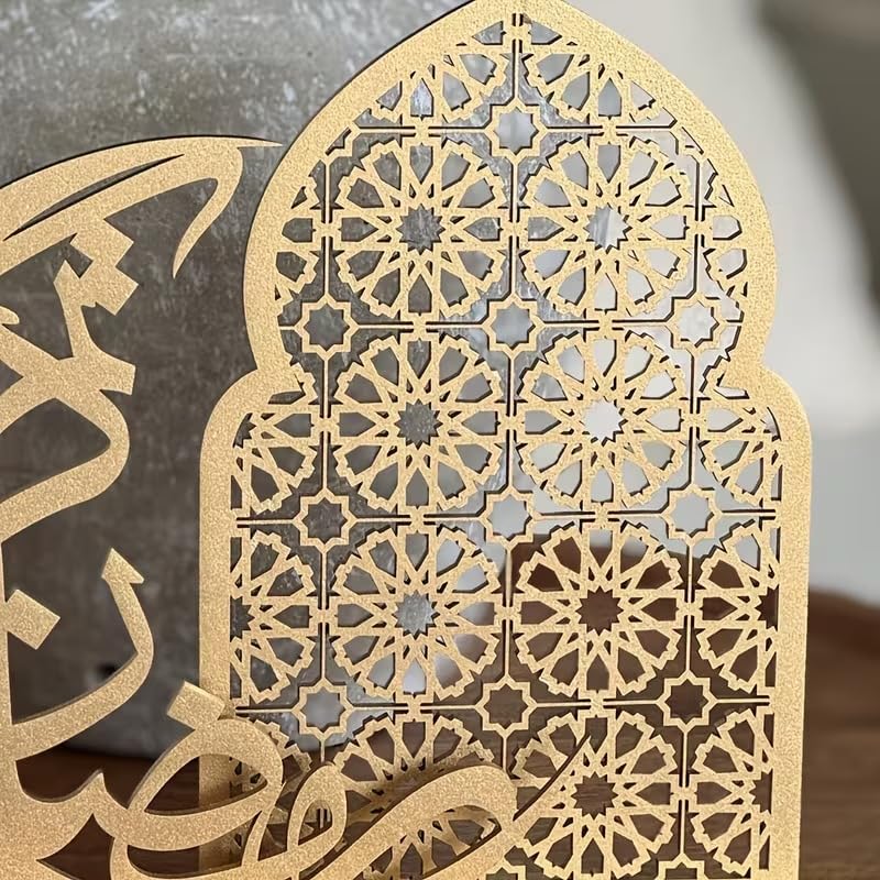 Ramadan Mubarak Wooden Tabletop Decor | Islamic Eid Al Fitr Decorative Sign | Crescent Moon Mosque Design