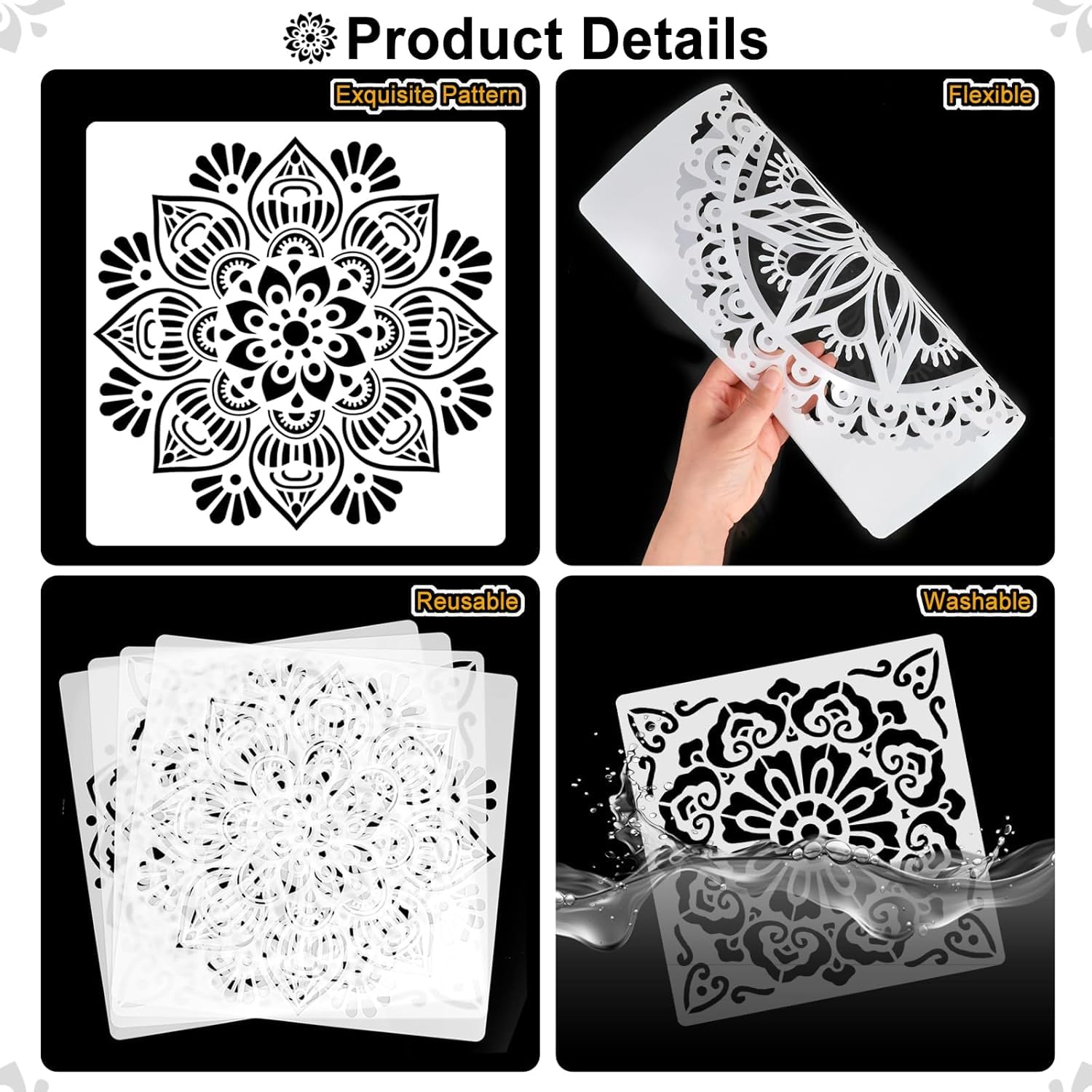 4 Pcs Large Mandala Stencils for Painting – Reusable DIY Craft Templates, Floral and Flower Stencil Designs for Wall